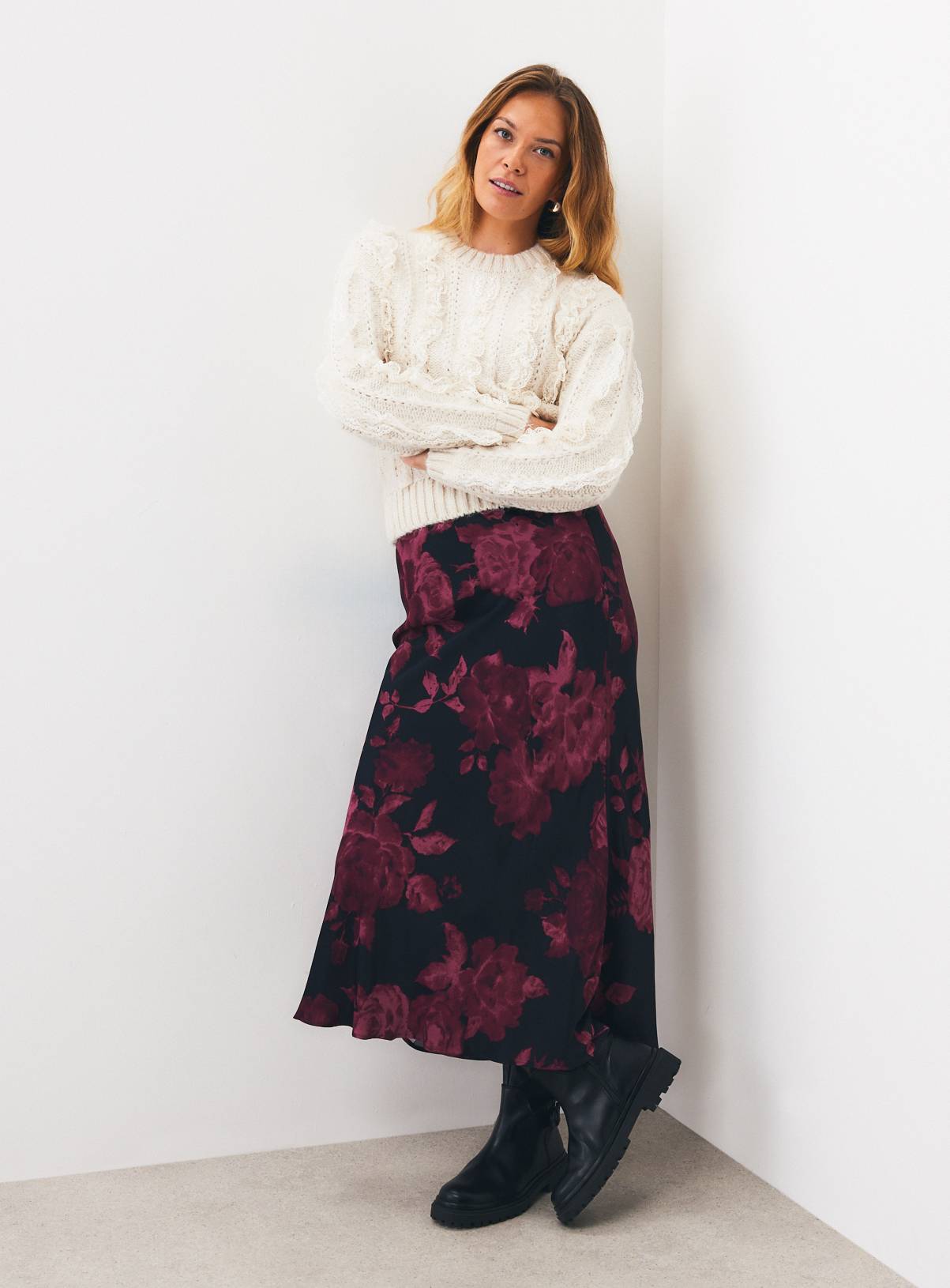 Dark Red Floral Satin Midaxi Slip Skirt 10 - Image 2